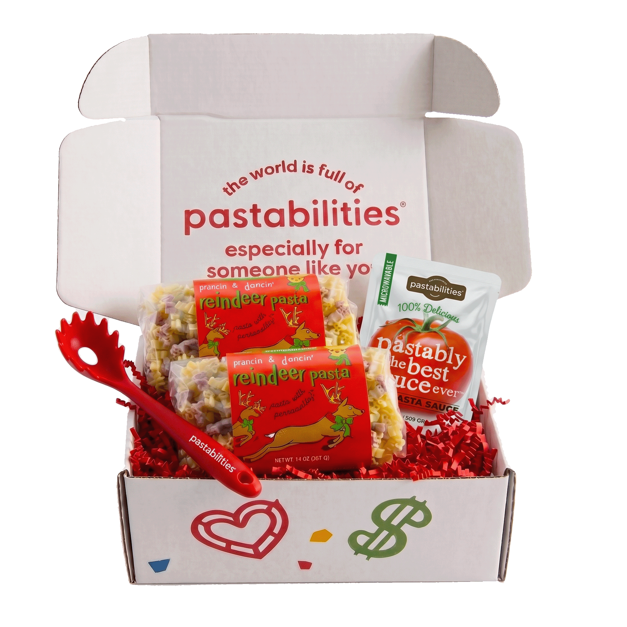 Front view of two 14 oz bags of Reindeer Pasta showcasing multicolored reindeer-shaped pasta and red label on white background