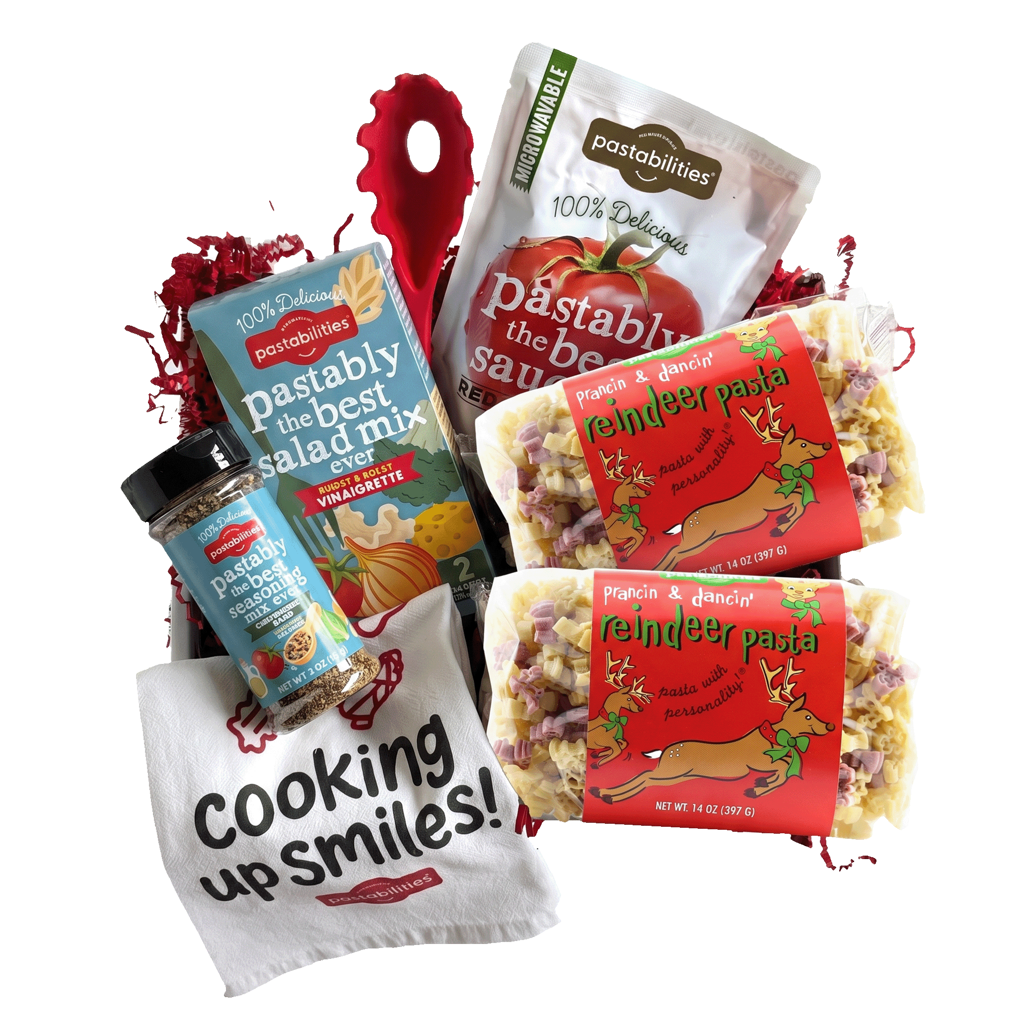 Front view of two 14 oz bags of Reindeer Pasta showing multicolored reindeer-shaped pasta and red label on white background
