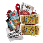 Front view of two 14 oz On the Run Pasta bags showcasing runner-shaped pasta and yellow label on white background