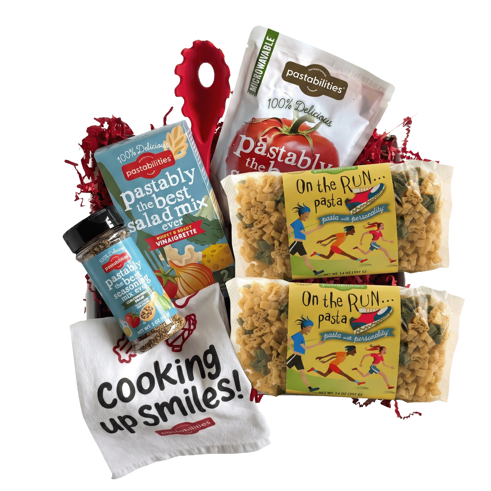 Front view of two 14 oz On the Run Pasta bags showcasing runner-shaped pasta and yellow label on white background