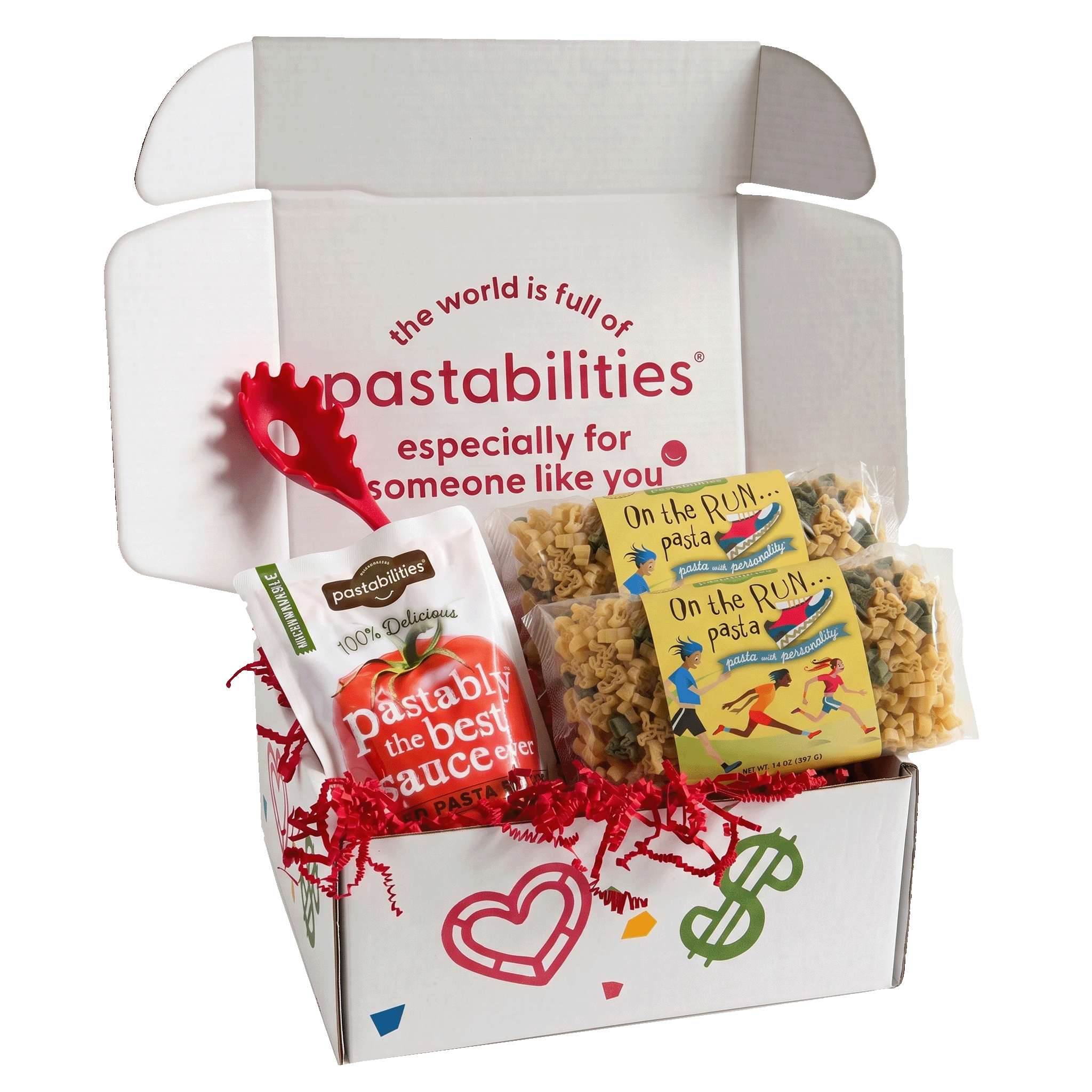 Front view of On the Run Pasta two-pack showcasing yellow runner-shaped pasta and product label on white background