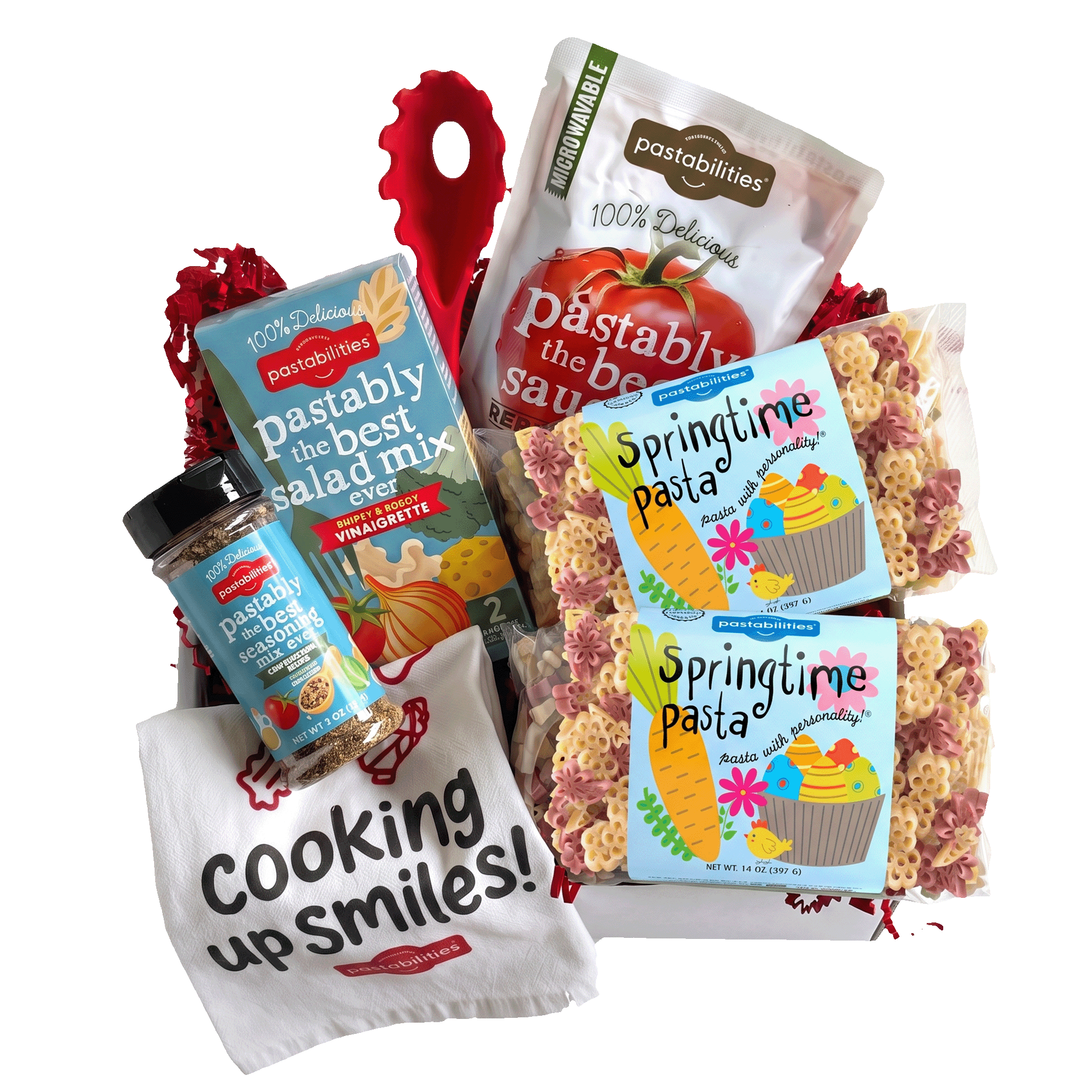 Front view of Springtime Pasta deluxe gift box with two 14 oz bags and pastel flower-shaped pasta