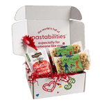 Front view of Soccer Gift Box showcasing two Soccer Pasta bags, sauce pouch, and signature fork in an open white gift box
