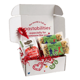 Front view of Soccer Gift Box showcasing two Soccer Pasta bags, sauce pouch, and signature fork in an open white gift box