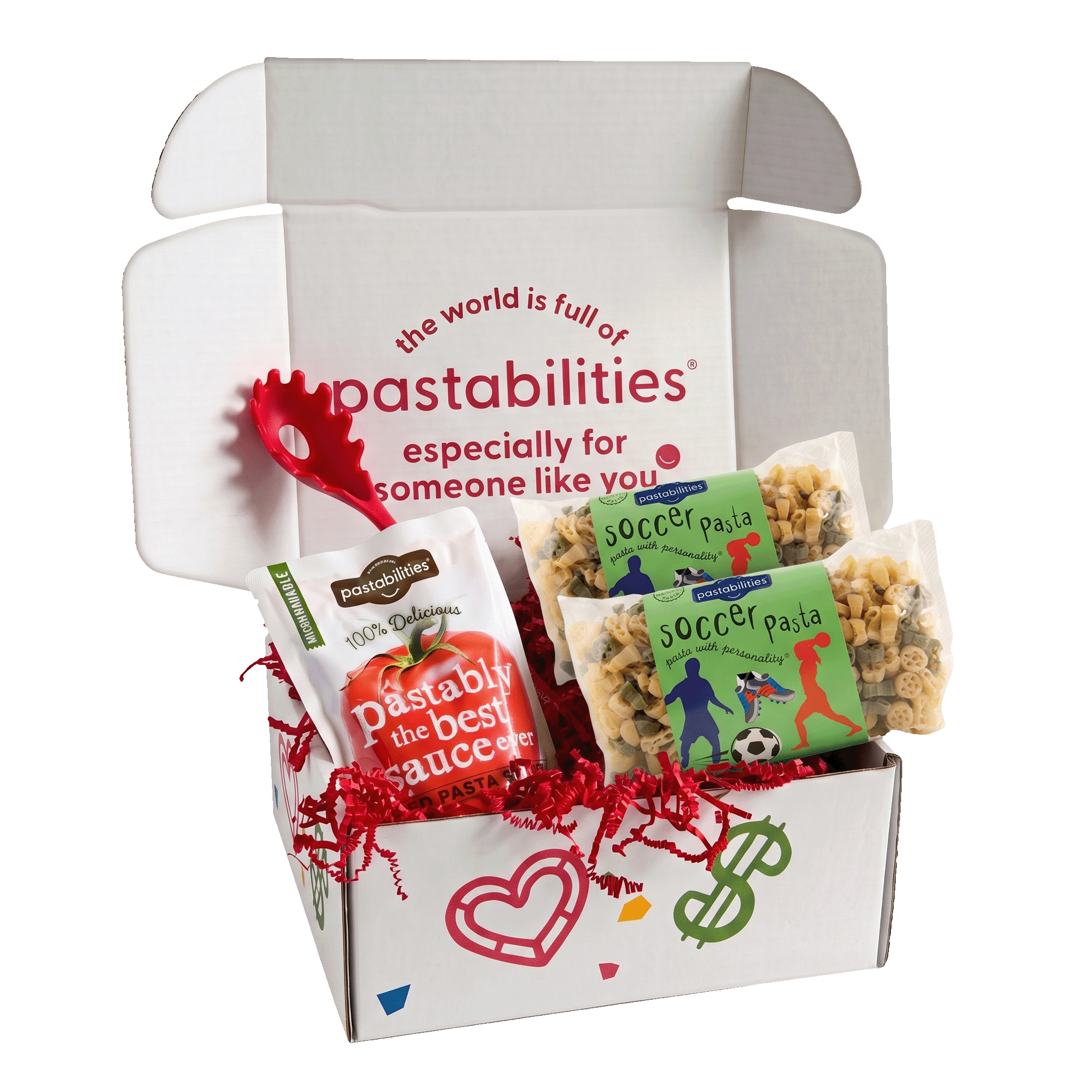 Front view of Soccer Pasta 14 oz bag showing soccer-shaped yellow and green noodles and green label with player silhouettes