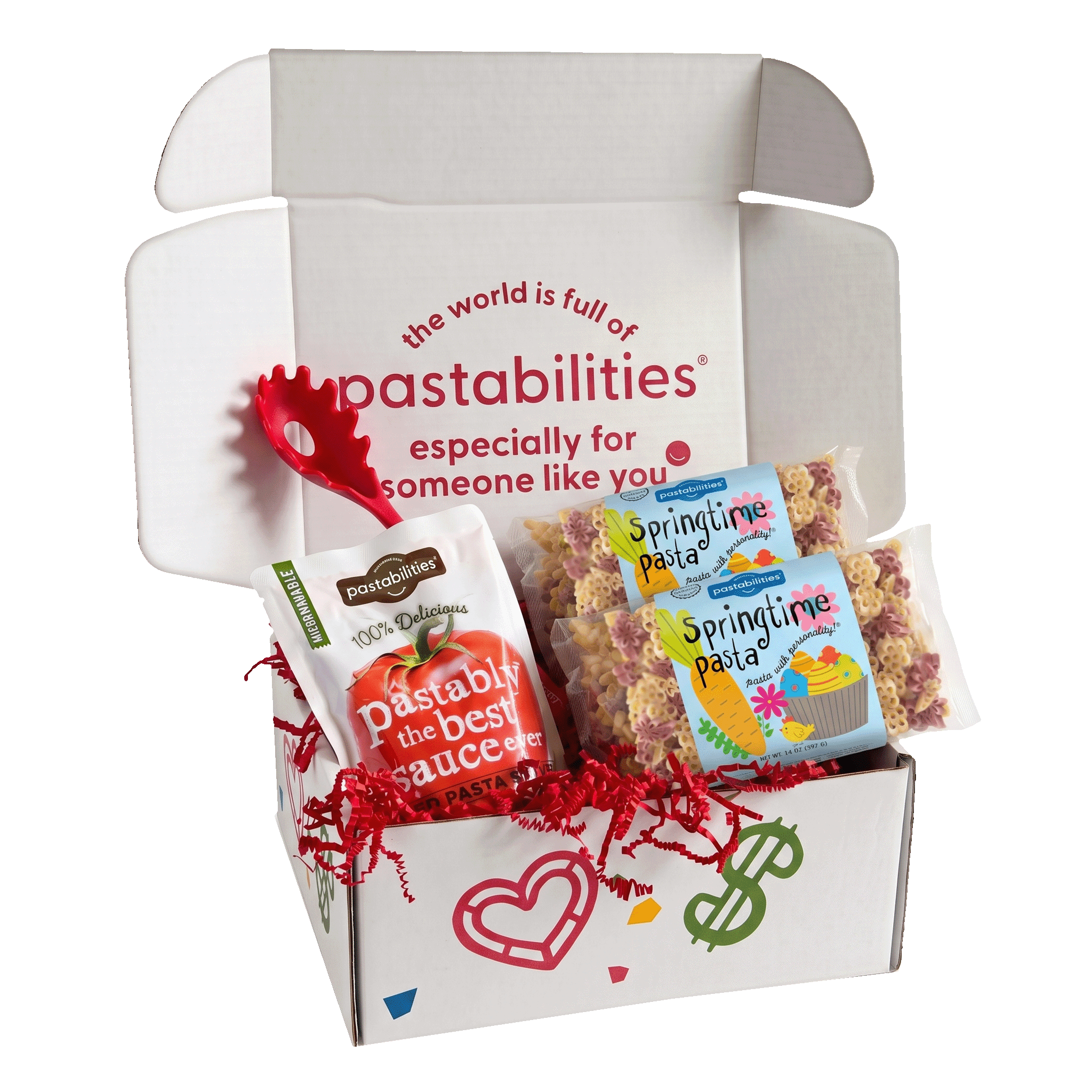 Front view of two 14 oz Springtime Pasta bags showcasing pastel spring label and multicolored flower-shaped pasta on white background