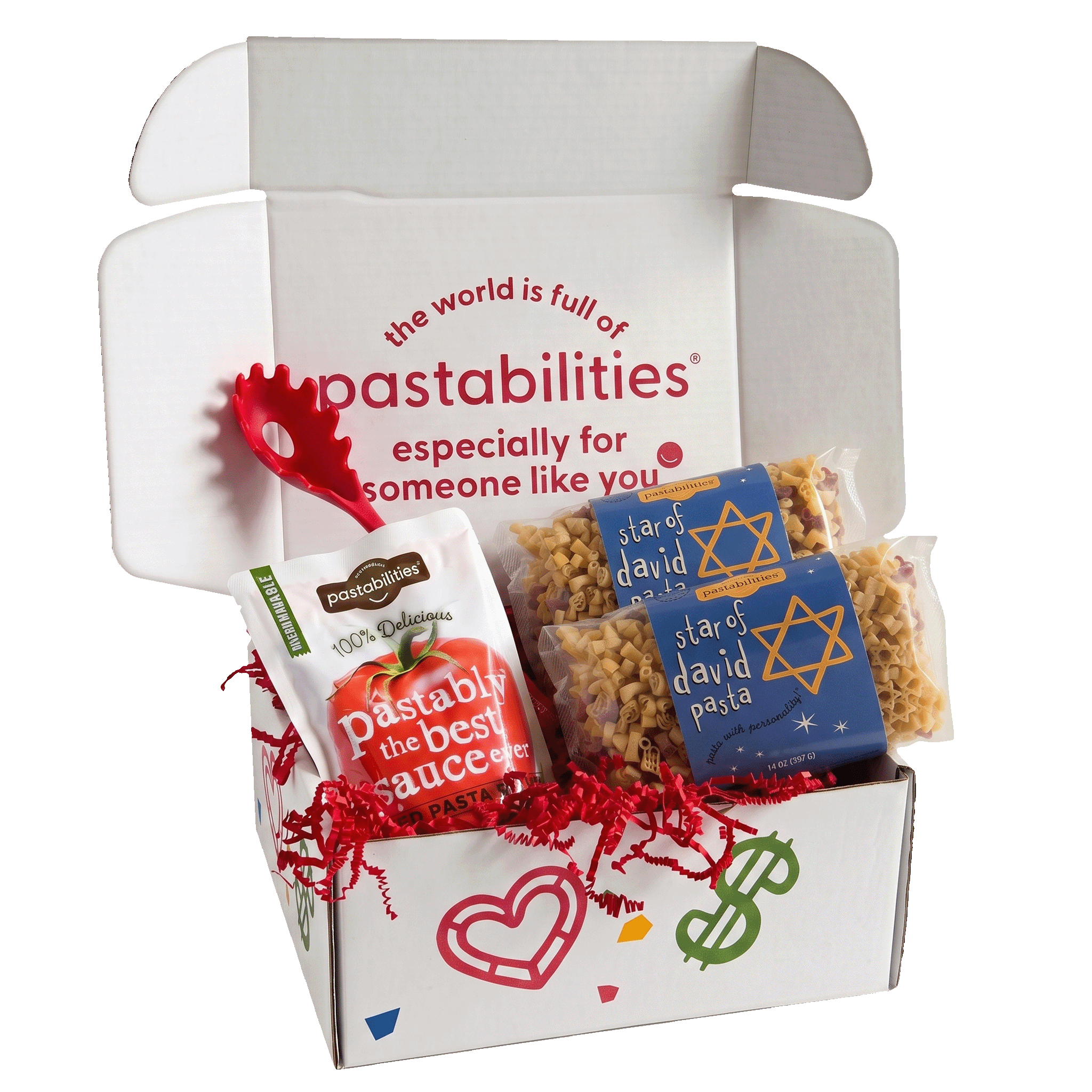Front view of Star of David Pasta package showcasing star-shaped pasta pieces and blue Pastabilities label on white background