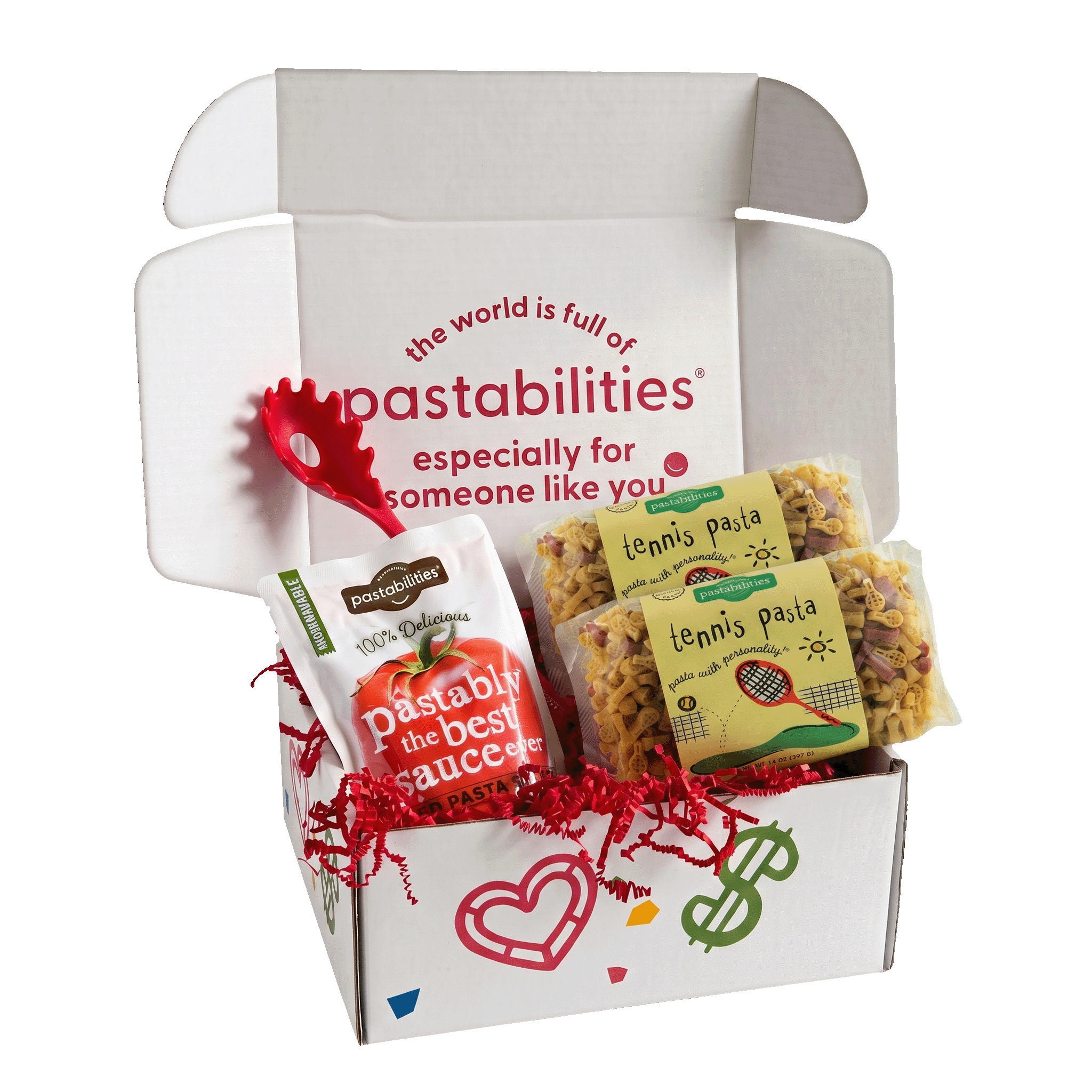 Front view of Tennis Pasta bag showcasing yellow and red tennis racquet-shaped pasta through clear packaging on white background