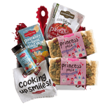 Front view of Princess Pasta 14 oz bag showcasing pink label and crown- and castle-shaped noodles on white background