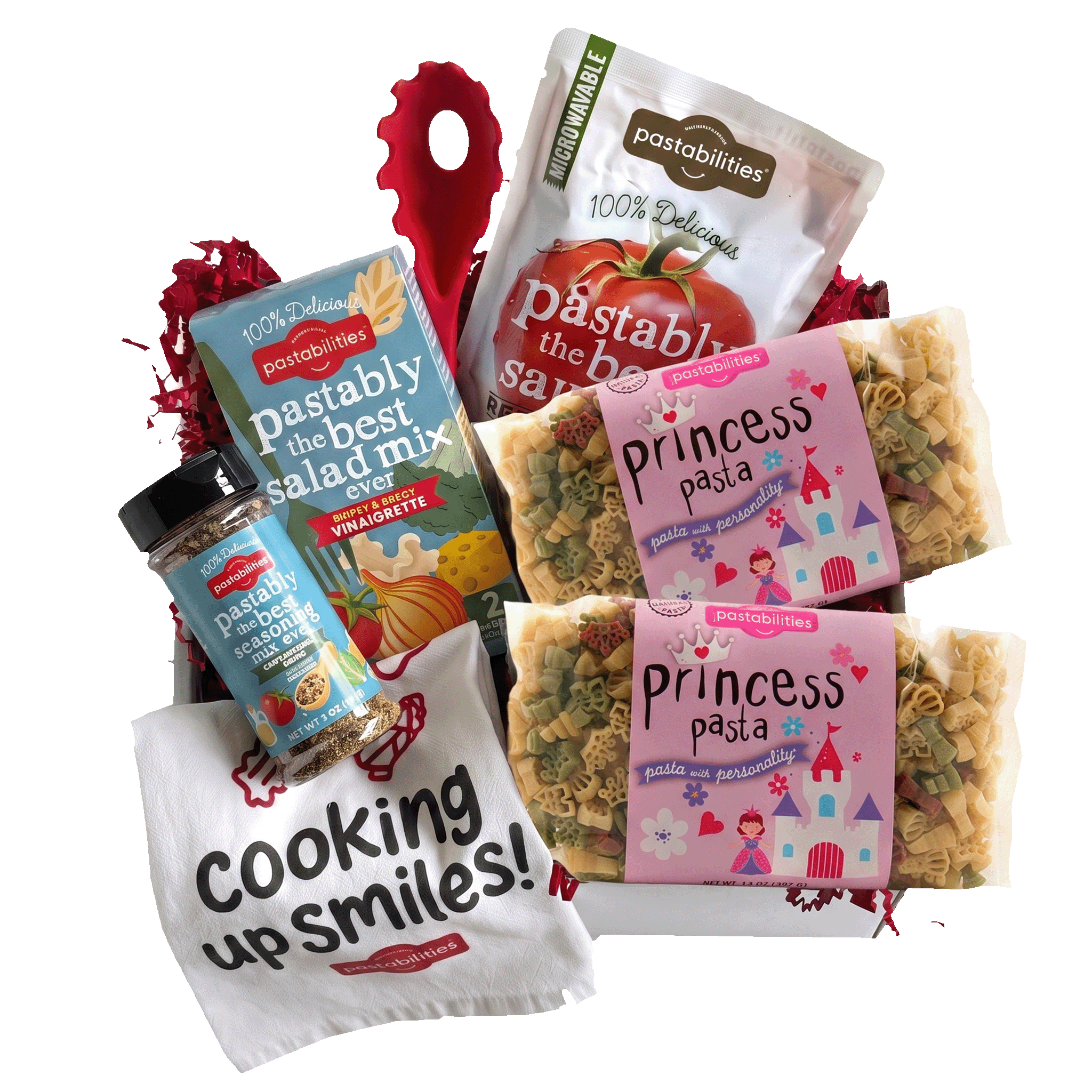 Front view of Princess Pasta 14 oz bag showcasing pink label and crown- and castle-shaped noodles on white background