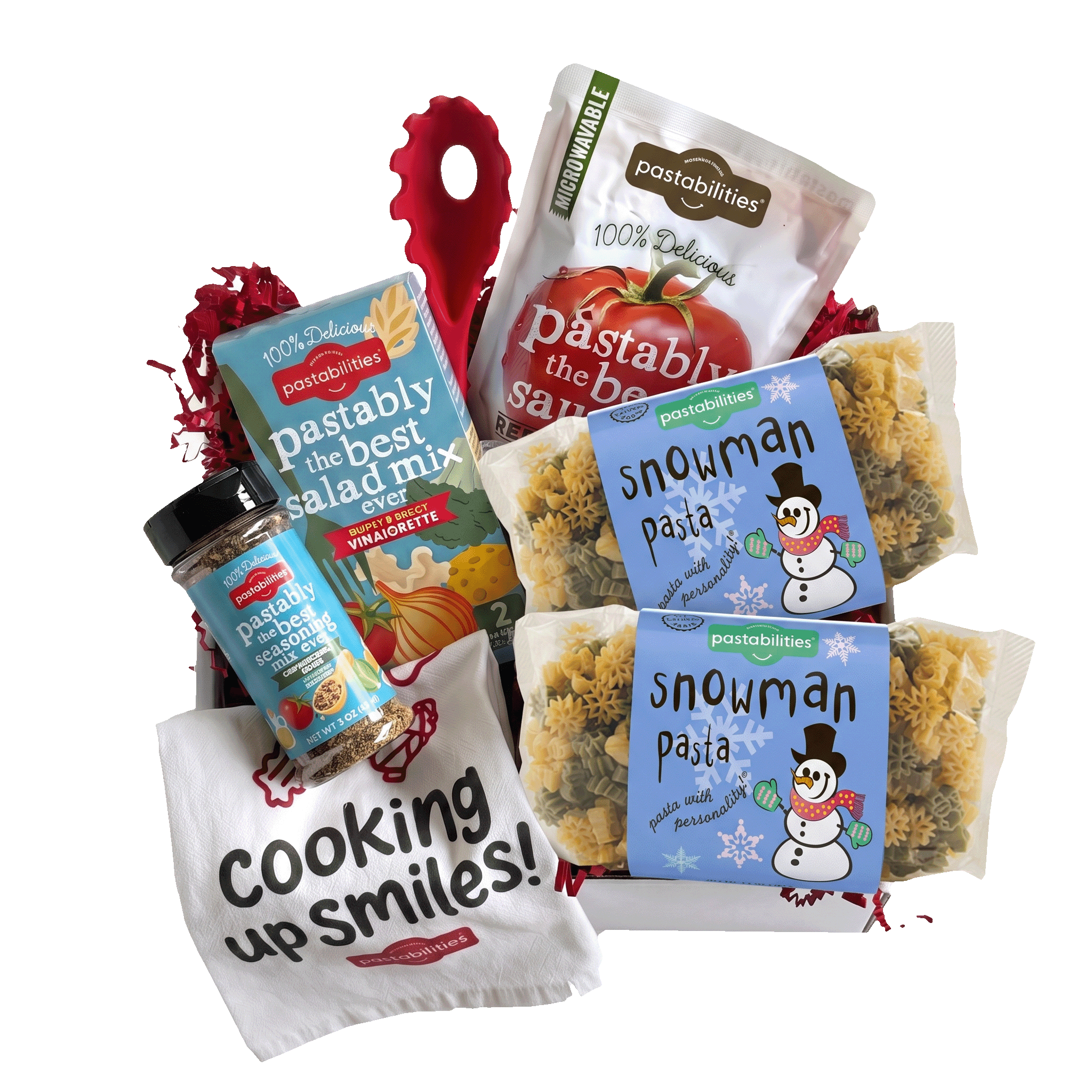 Front view of Snowman Pasta showing snowman label and green and yellow snowman- and snowflake-shaped pasta on white