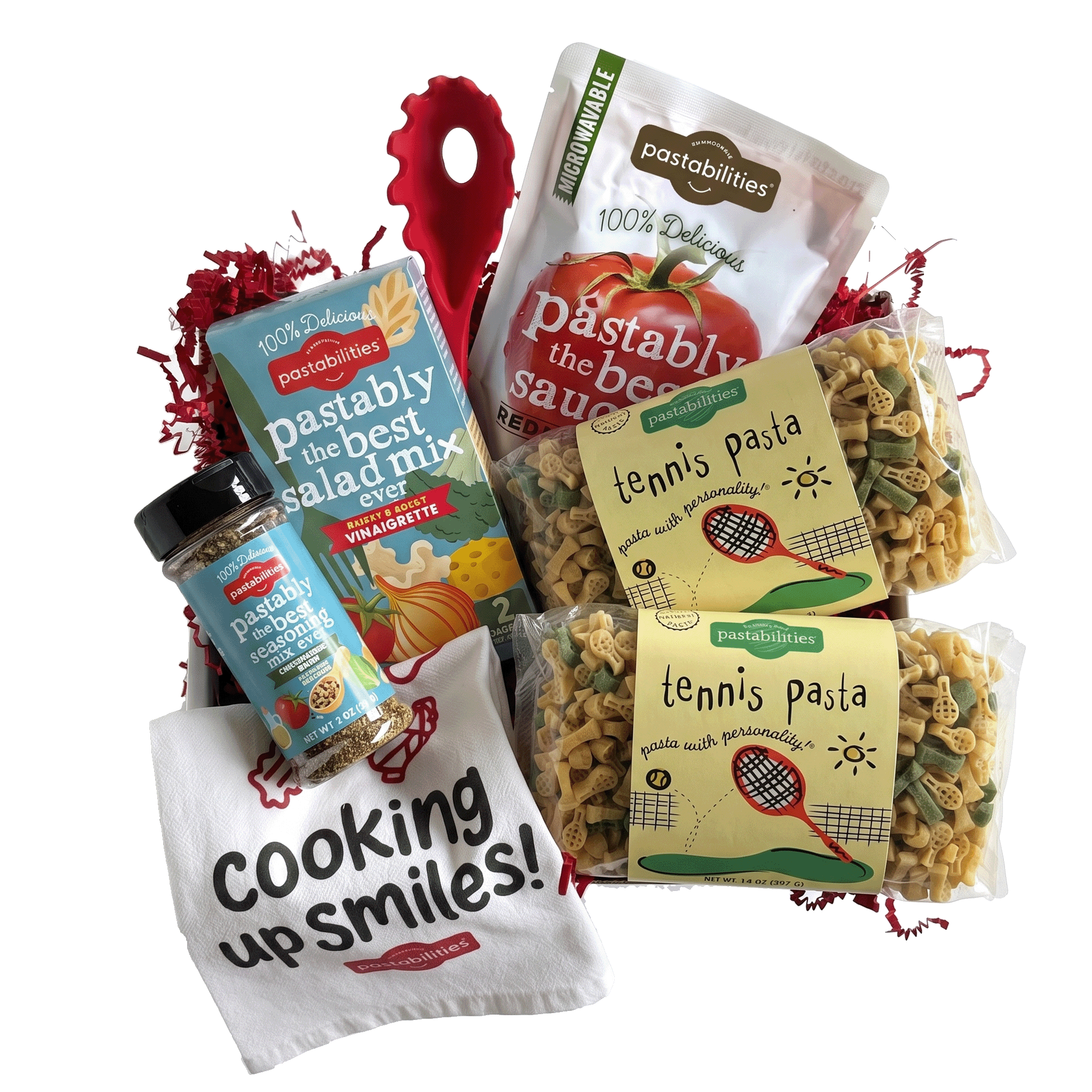 Front view of Tennis Pasta 14 oz bag showcasing tennis racquet-shaped pasta pieces visible through clear packaging on white background