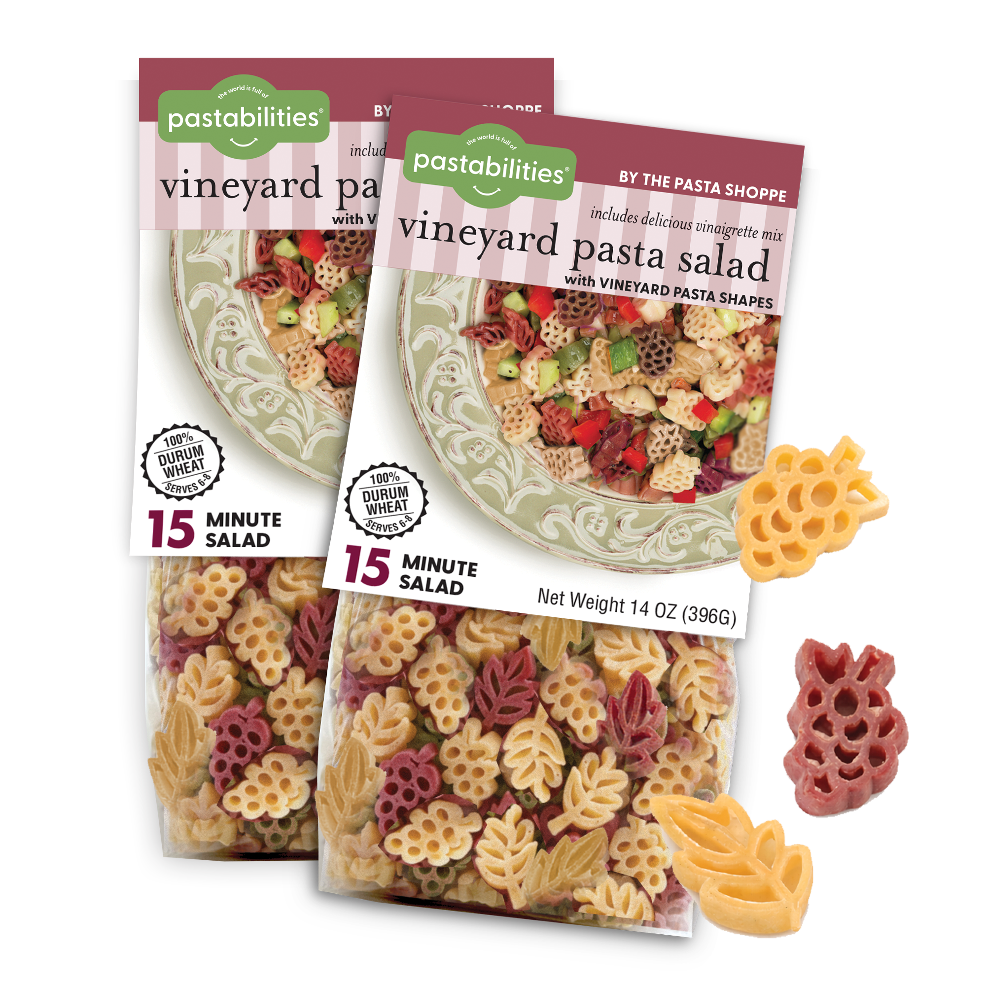 2-pack of Pastabilities Vineyard Pasta Salad kit with grape cluster and leaf shaped pasta and Sweet & Sassy Vinaigrette mix, ready in 15 minutes, 14 oz, made in Nashville TN

