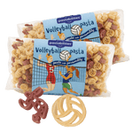 Front of Pastabilities Volleyball Pasta bag showing label with volleyball graphic and beige and red volleyball-shaped pasta