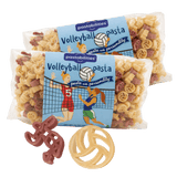 Front of Pastabilities Volleyball Pasta bag showing label with volleyball graphic and beige and red volleyball-shaped pasta