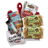Front view of In the Woods Pasta bag showcasing green and tan woodland-shaped pasta with white background