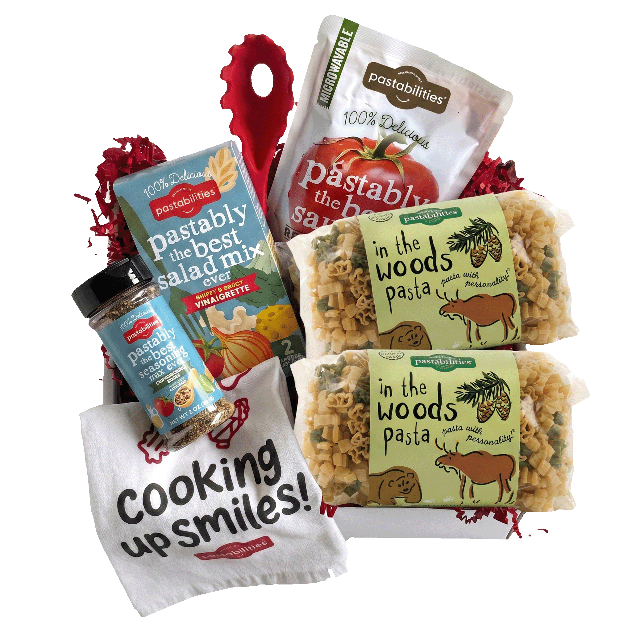 Front view of In the Woods Pasta bag showcasing green and tan woodland-shaped pasta with white background