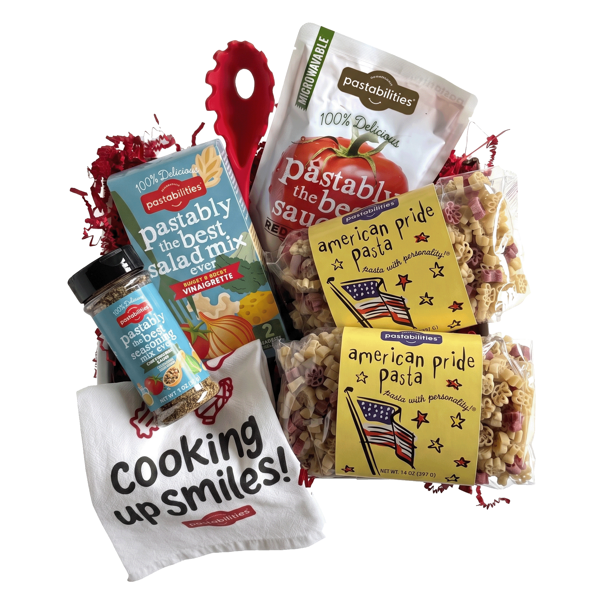 Front view of American Pride Pasta 14 oz bag showcasing fun-shaped pasta and yellow label on white background