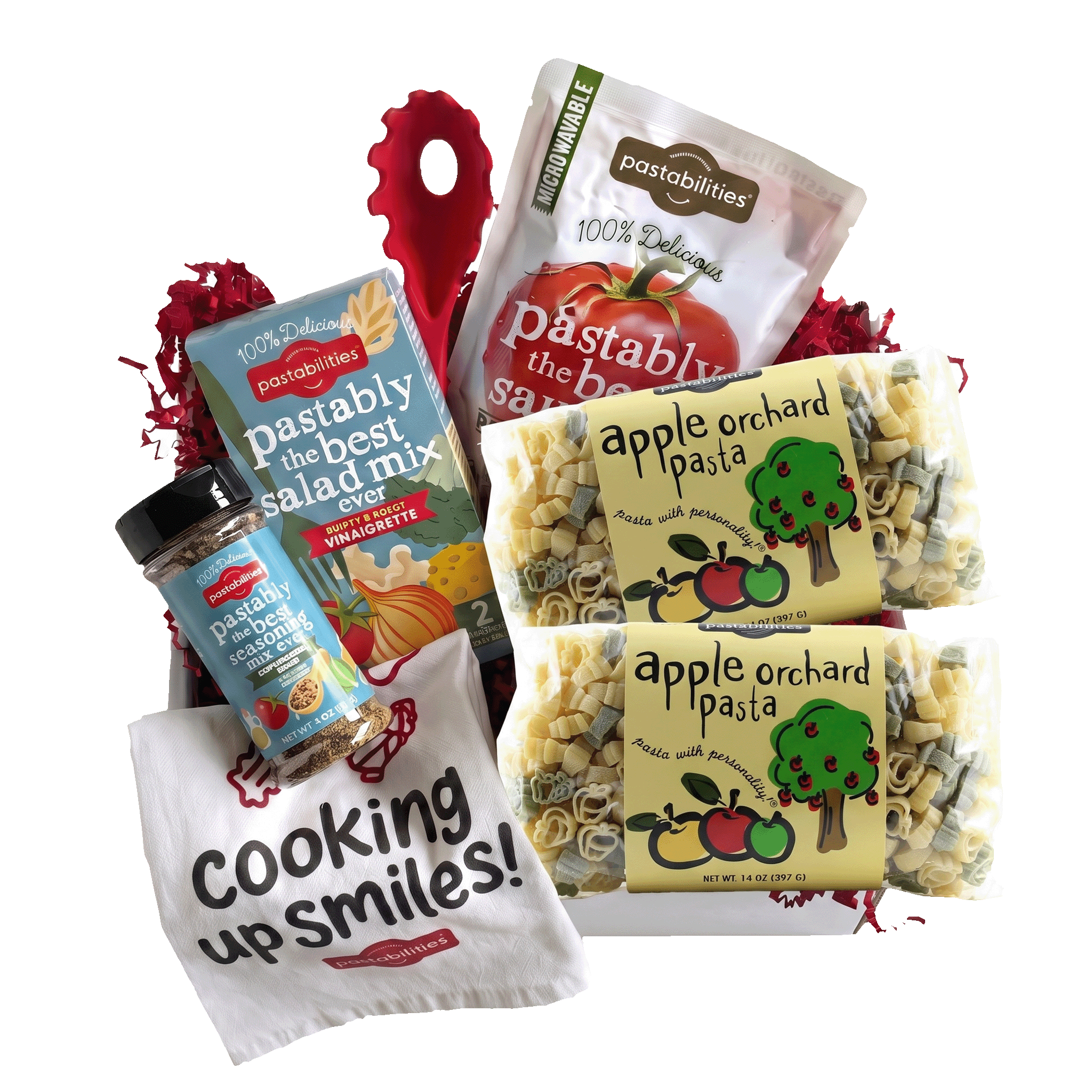 Front view of 14 oz bag of Apple Orchard Pasta showing apple-shaped pink and beige noodles and yellow label on white background
