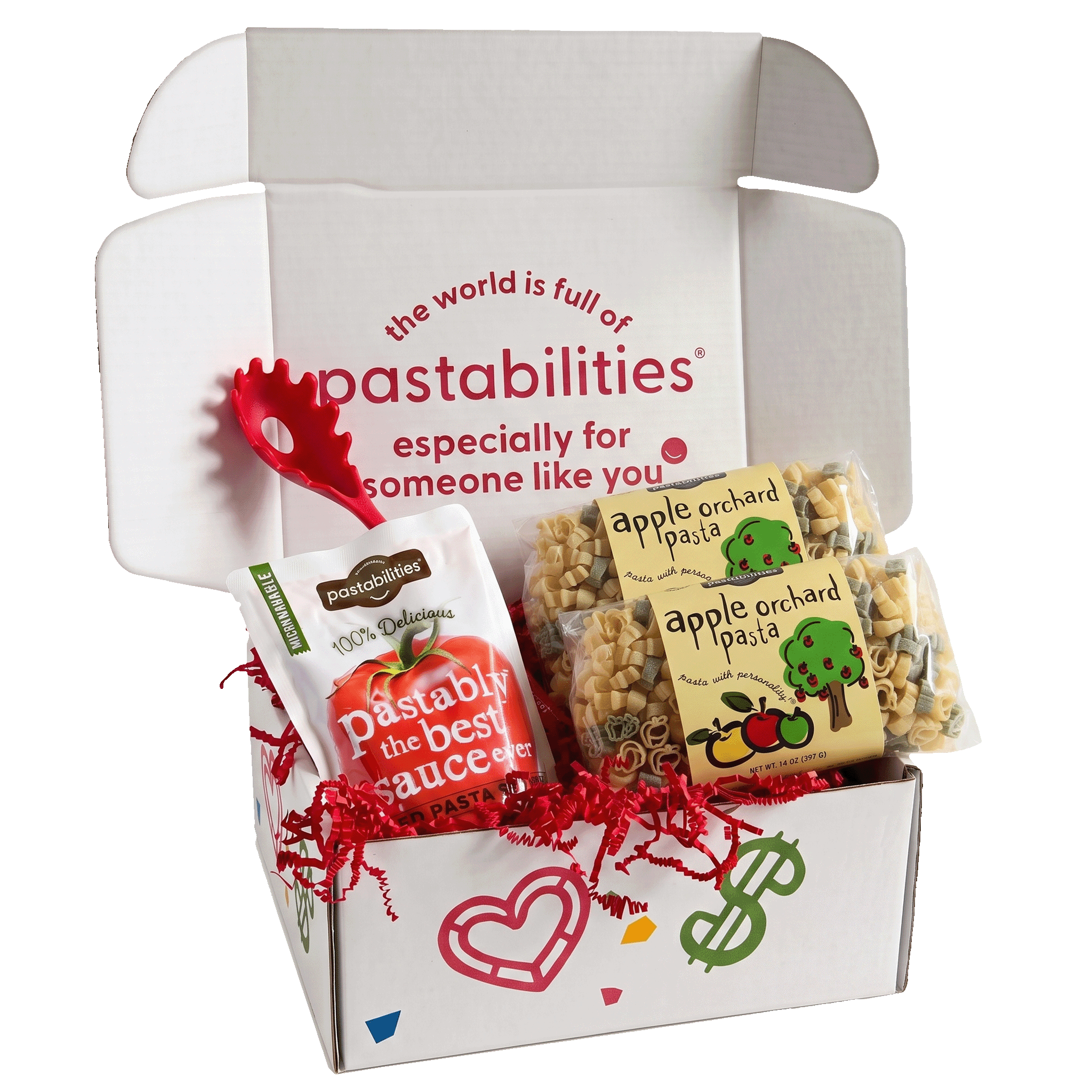 Front view of Apple Orchard Pasta 14 oz bag showing label and apple-shaped red and beige pasta on white background