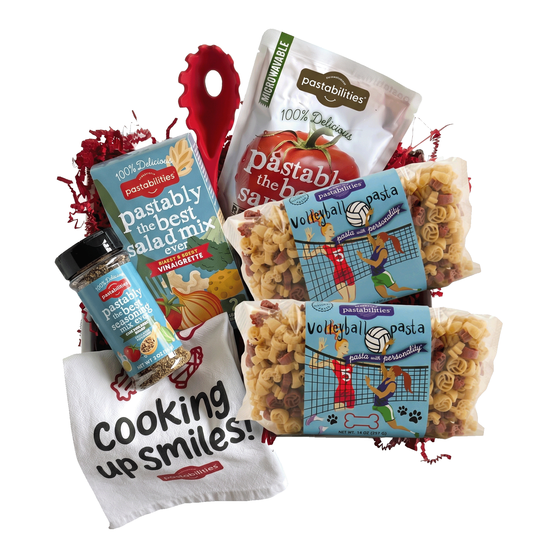 Front of 14 oz Volleyball Pasta bag showing volleyball-shaped noodles and Pastabilities label