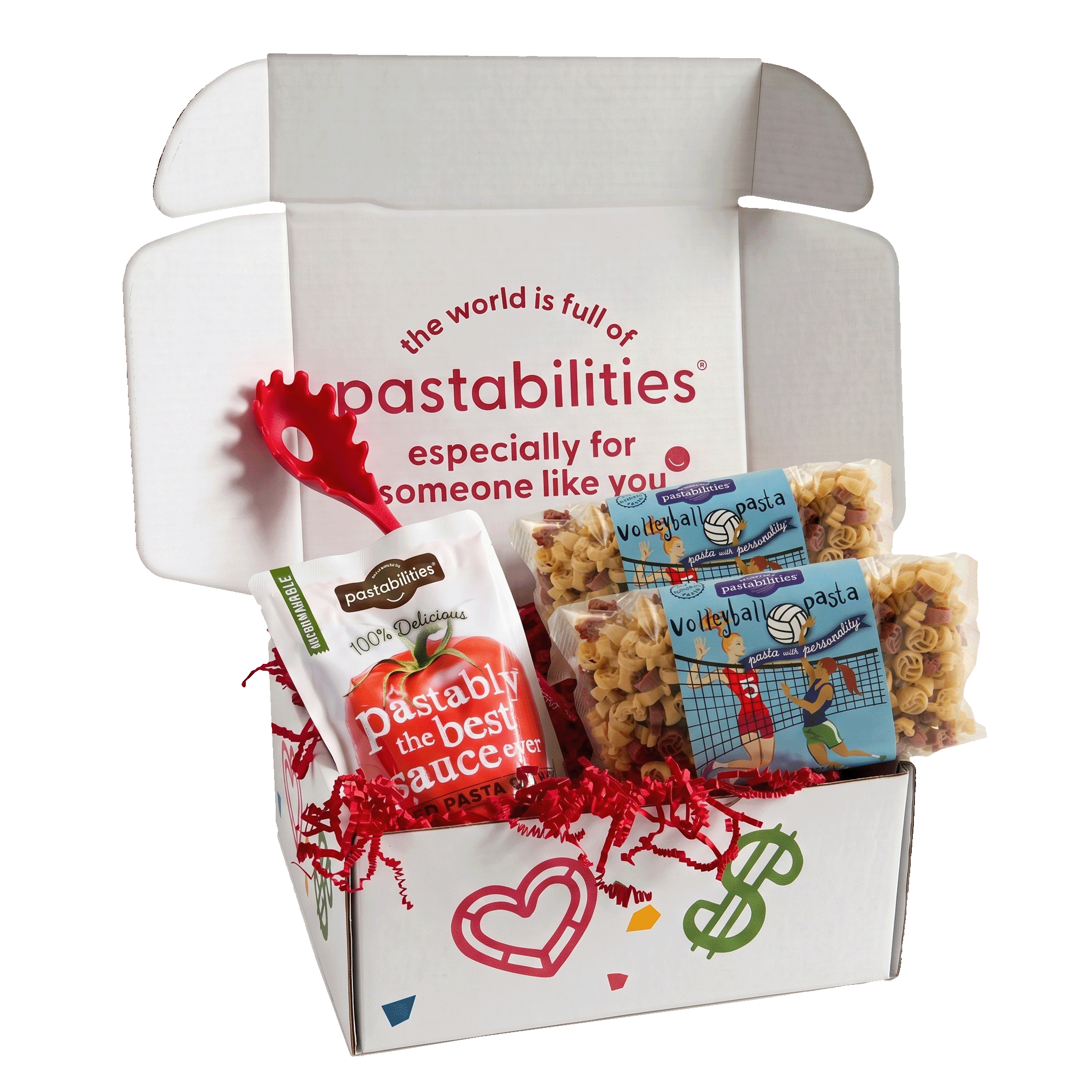 Front of 14 oz Volleyball Pasta bag showcasing volleyball-shaped noodles with Pastabilities label on white background