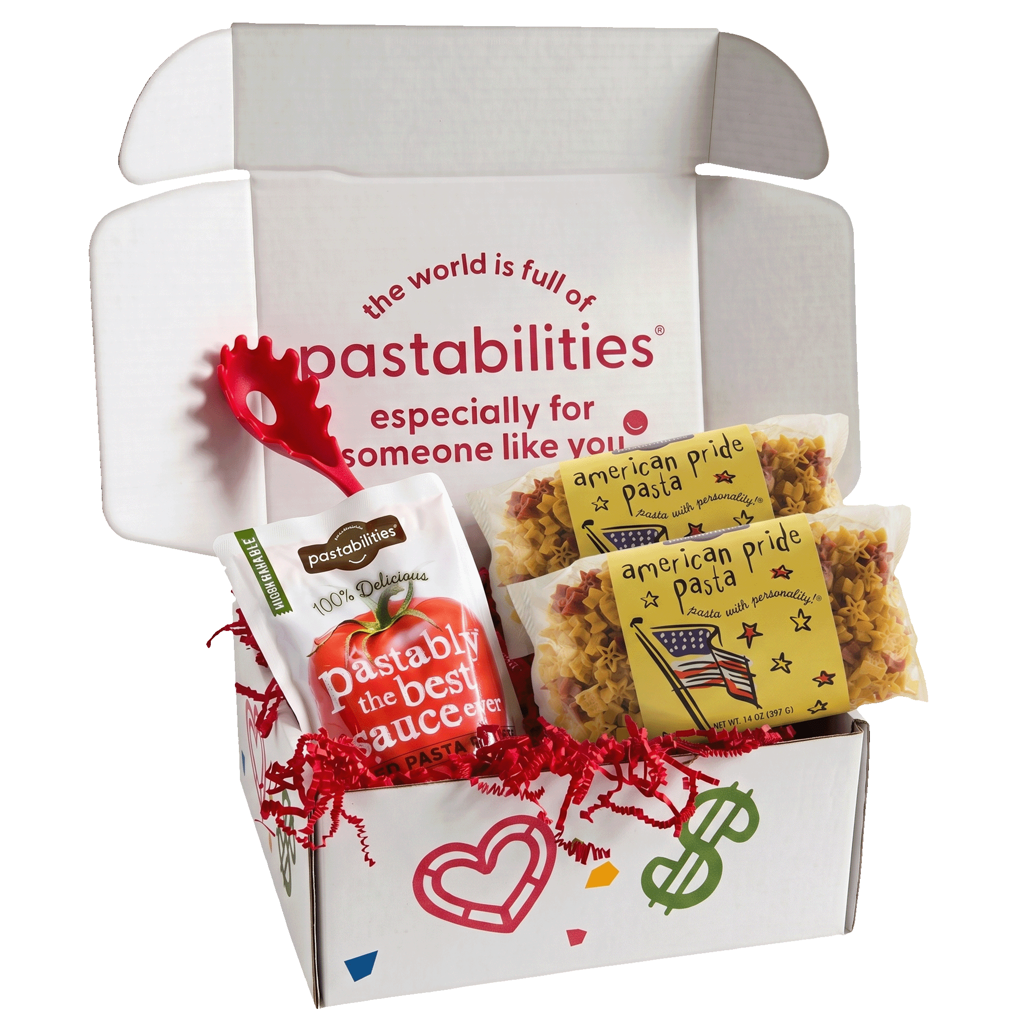 Front view of American Pride Pasta bag showing fun-shaped pasta, 14 oz, 100% durum wheat with natural vegetable powders
