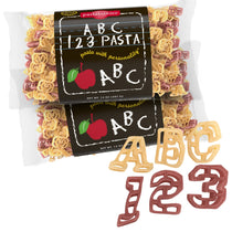 Front of two 14 oz bags of ABC 123 pasta showing tri-color letter and number shapes and black label reading ABC 123 PASTA