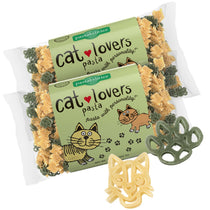 Front view of two 14 oz Cat Lovers Pasta bags showing cat-shaped yellow and green pasta and green label on white background