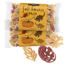 Two 14 oz bags of fall-themed pasta with pumpkin-and-leaf labels and loose leaf and round orange and red pasta on white