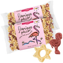Front view of Flamingo Pasta 2-pack showcasing pink label and flamingo- and sun-shaped pasta pieces on white background