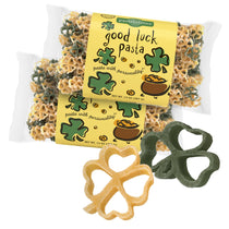 Front view of Good Luck Pasta package showcasing shamrock-shaped green and yellow pasta pieces on white background