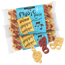 Front view of Music Pasta 14 oz bag showing blue label reading Music Pasta and red-and-yellow treble clef and musical-note pasta on white background