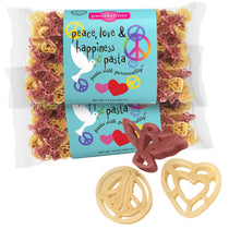 Front of Peace Love and Happiness Pasta 14 oz bag showing two-color peace, heart, and dove-shaped pasta on white background