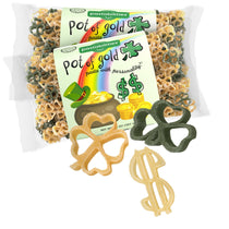 Front view of Pot of Gold pasta two-pack showing shamrock and dollar-sign shaped pasta in green and tan on white background