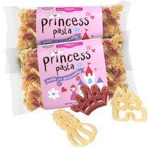 Two 14oz Princess Pasta bags with pink label, princess-shaped noodles and three crown and castle pieces on white background