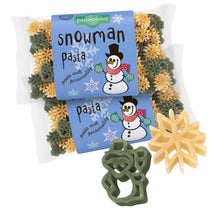 Front view of two 14 oz Snowman Pasta bags showing blue label with snowman graphic and green and yellow snowflake pasta on white