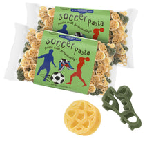 Two 14 oz bags of Soccer Pasta showing soccer-shaped yellow and green pasta and green label with player silhouettes