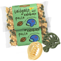 Front view of Tailgate and Celebrate pasta two-pack showing yellow and green football- and helmet-shaped pasta on white background