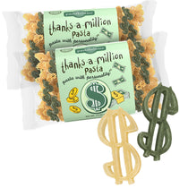 Front view of Thanks-a-Million pasta 2-pack showing green and yellow dollar-sign shaped pasta in clear packaging on white background