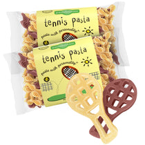 Front view of Tennis Pasta two-pack (14 oz bags) showing yellow and red racquet-shaped pasta in clear bags on white