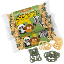 Angled view of 14 oz Zoo Animals Pasta bag showing green label and beige and green animal-shaped pasta on white background