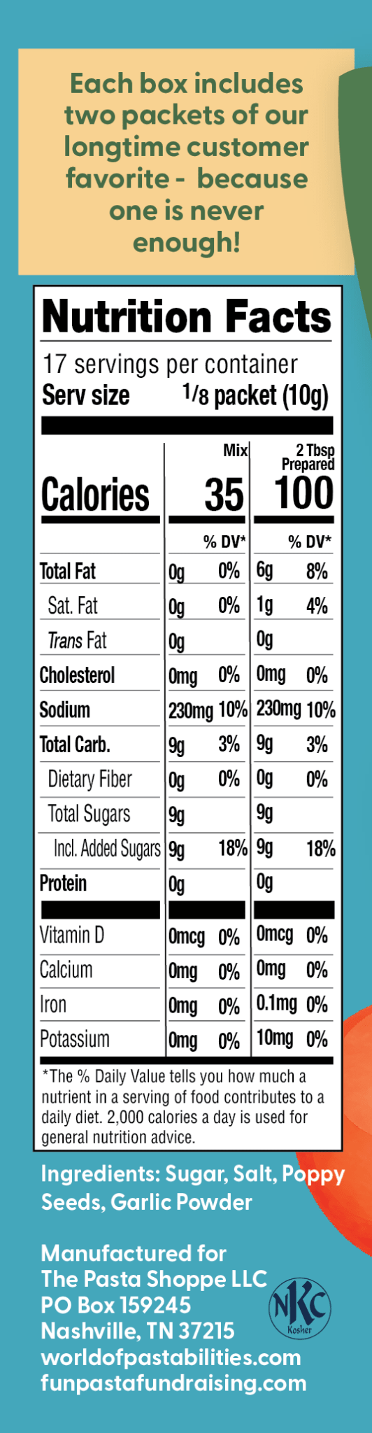Nutrition Facts and ingredients for Sweet & Sassy Vinaigrette mix, including 35 calories per serving